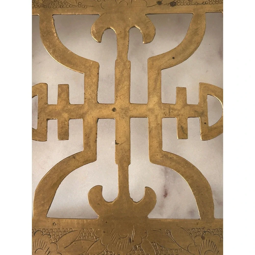 Vintage Solid Brass Square Trivet Etched Floral Shou Longevity Character China